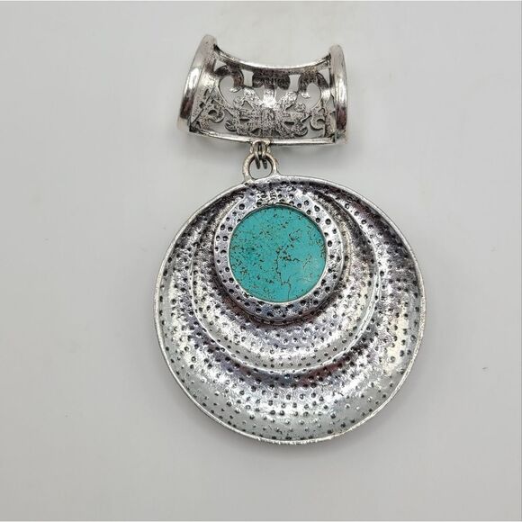 Necklace pendant scarf ring,  silvertone with faux turquoise - Picture 3 of 5